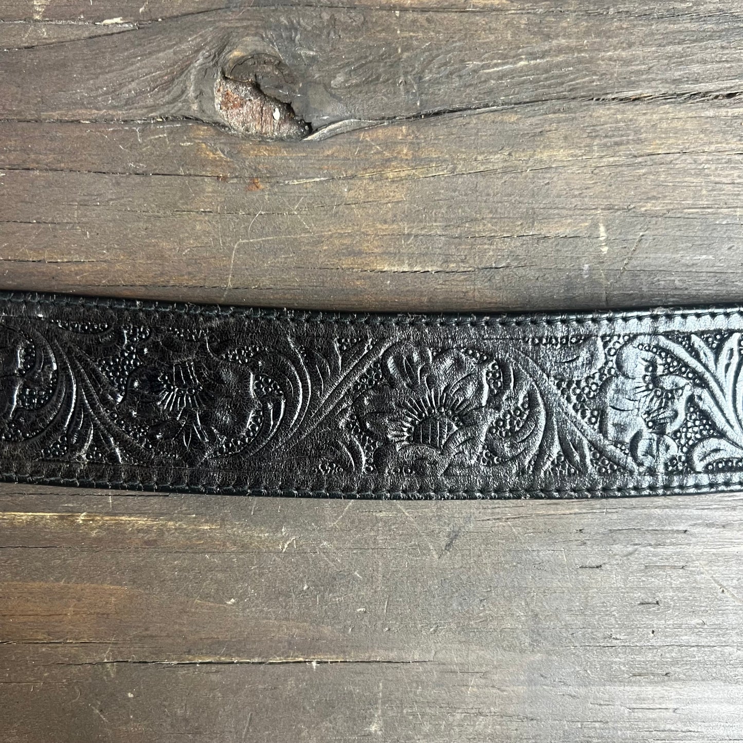 Tooled Black Leather Belt with Silver Buckle