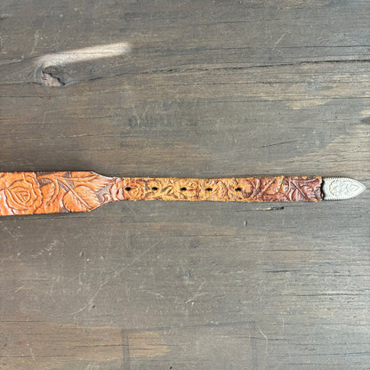 Tooled Leather Belt with Silver Tone Buckle