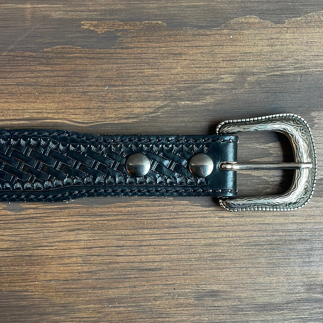 Chippewa Black Leather Tooled Belt with Silver Buckle