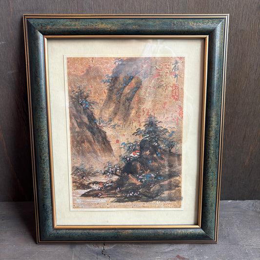 Chinese Landscape on Cork in Green Frame
