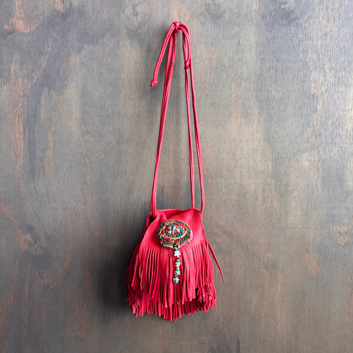 Red Leather Pouch with Fringe