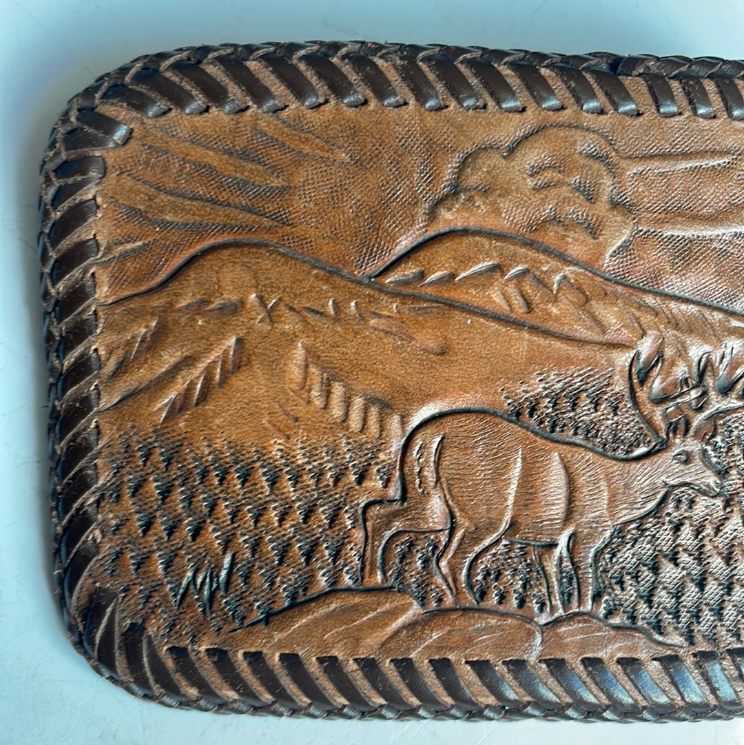 Tooled Leather Belt Buckle with Deer