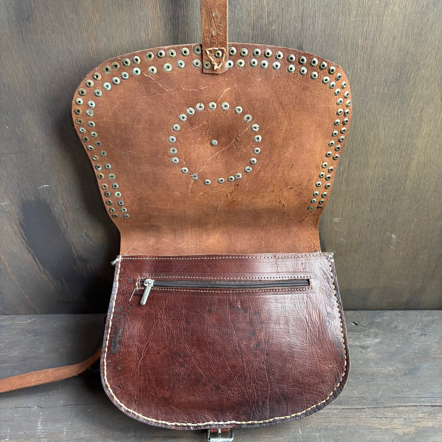 Brown Leather Bag with Faux Stone