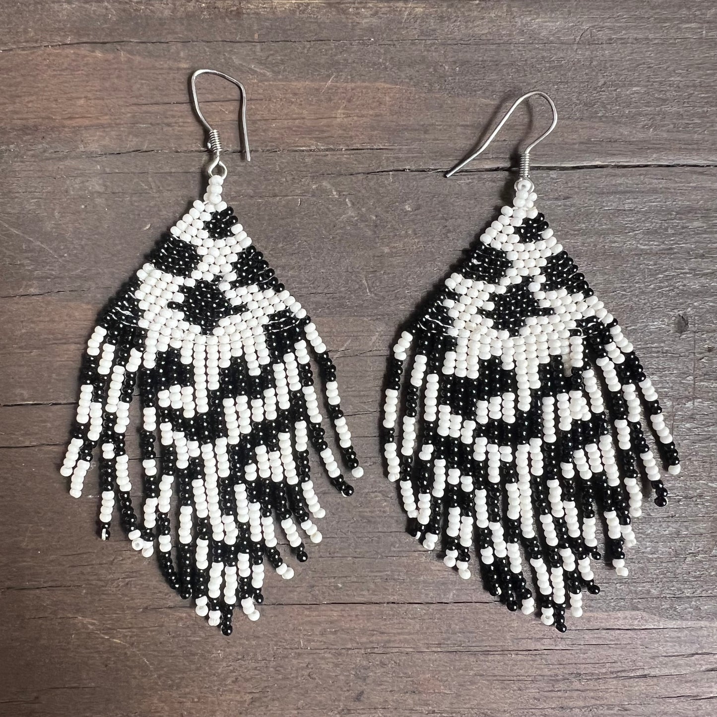 Black and White Beaded Tassel Earrings