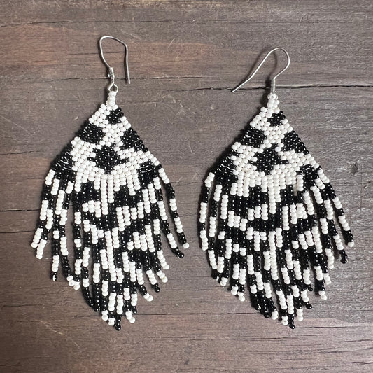 Black and White Beaded Tassel Earrings