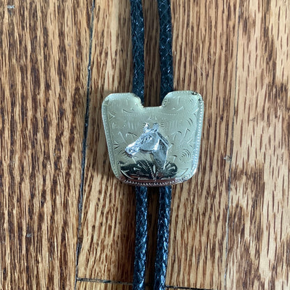 Metal Horse Head Bolo with Black Leather Tie