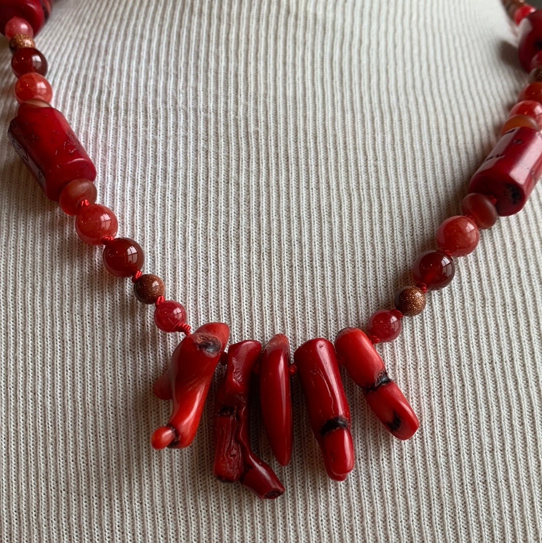 Ostrich Moon Red beaded necklace with red coral