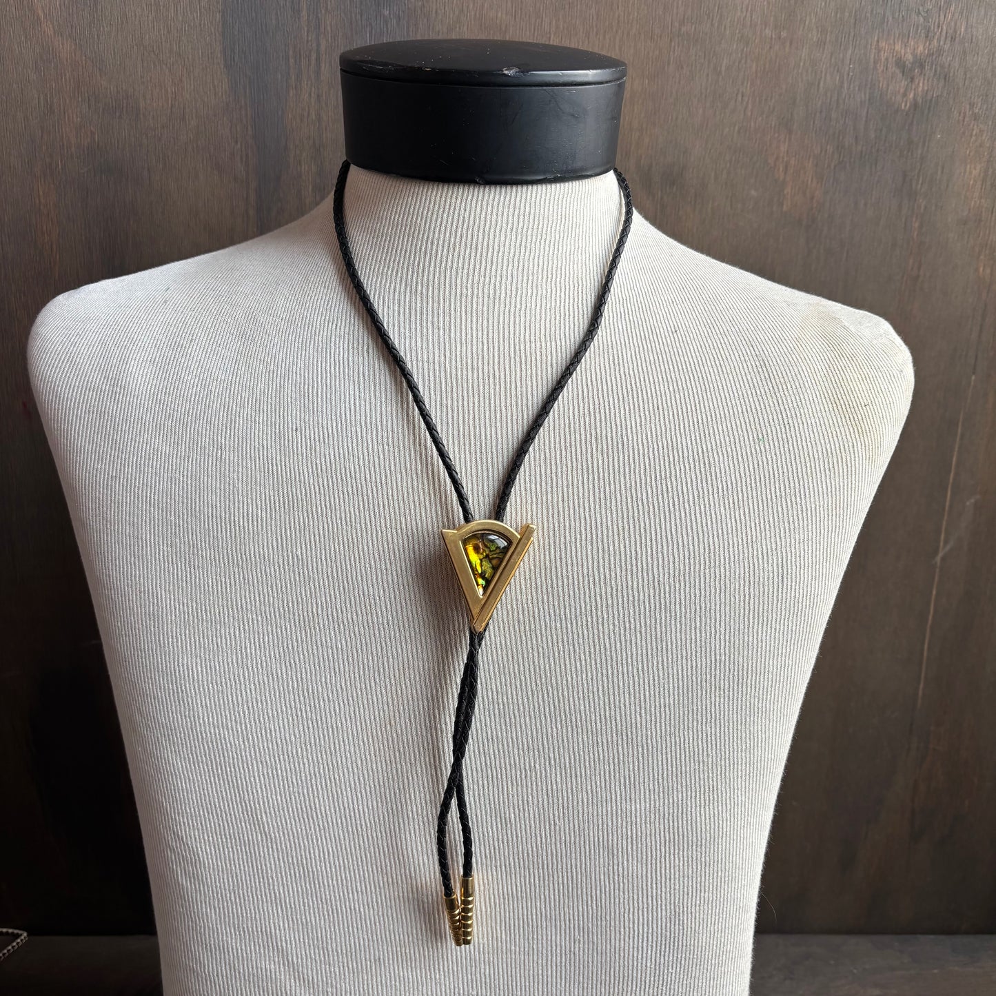 Abalone Bolo on Black Leather Tie