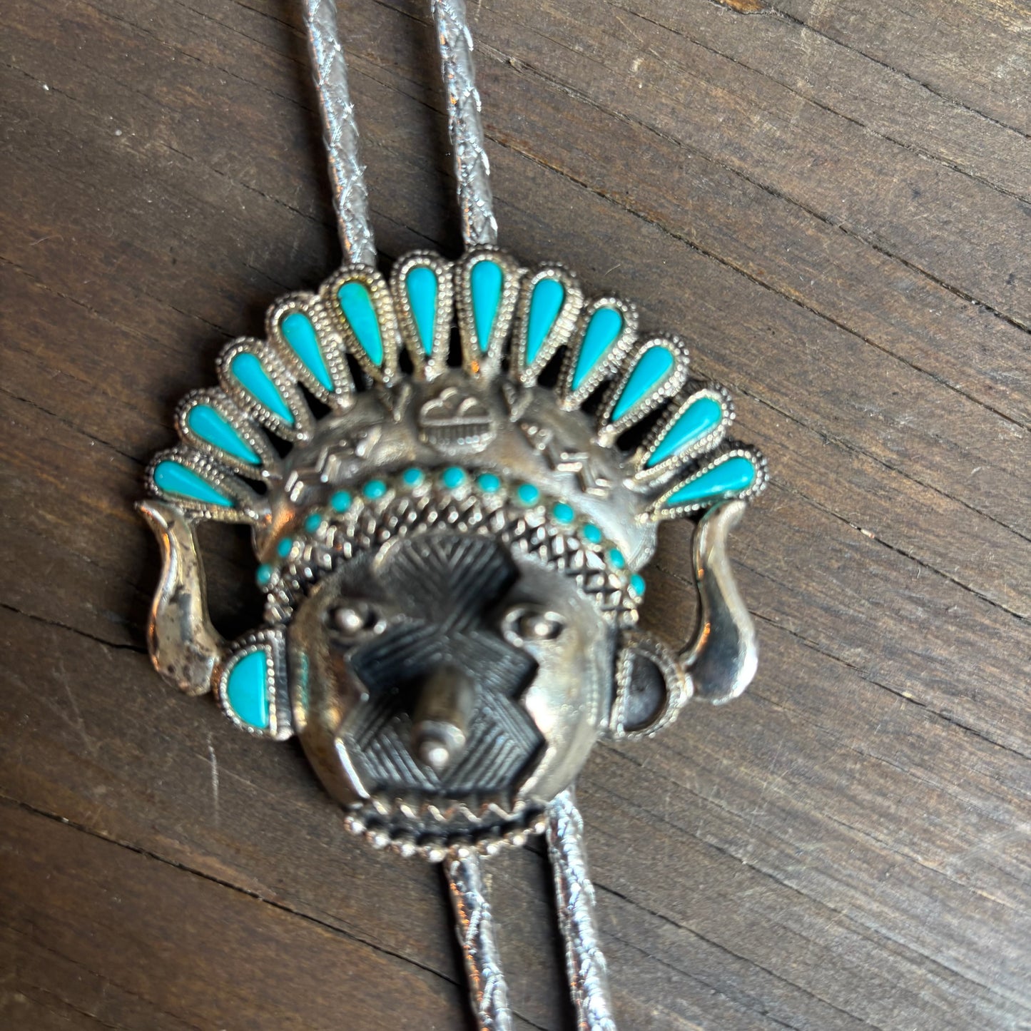 Indigenous Chief Turquoise Bolo on Silver Tie