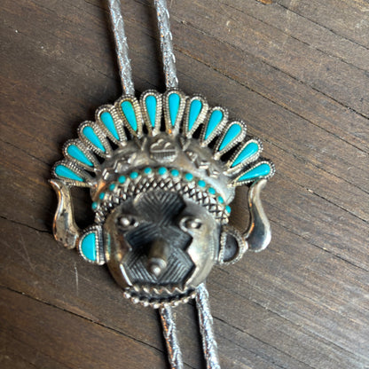 Indigenous Chief Turquoise Bolo on Silver Tie