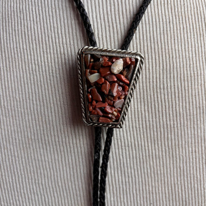 Pink Stone Chip Bolo on Black Leather Tie