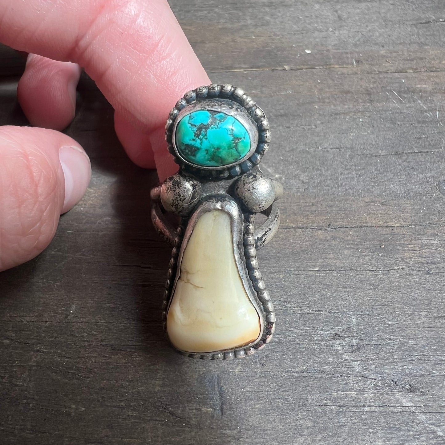 Sterling Silver Ring with Turquoise and Bear Tooth Decals