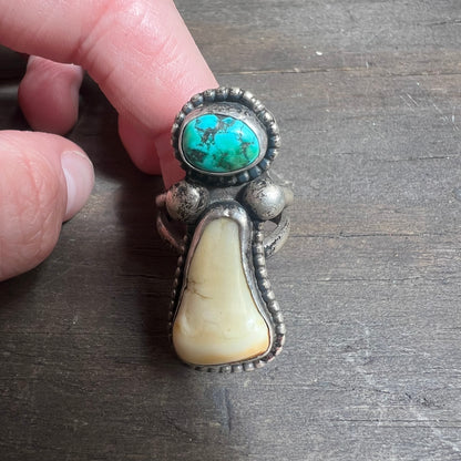 Sterling Silver Ring with Turquoise and Bear Tooth Decals