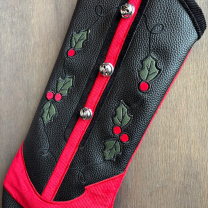 Red and Black Cowboy Boot Stocking with Bells