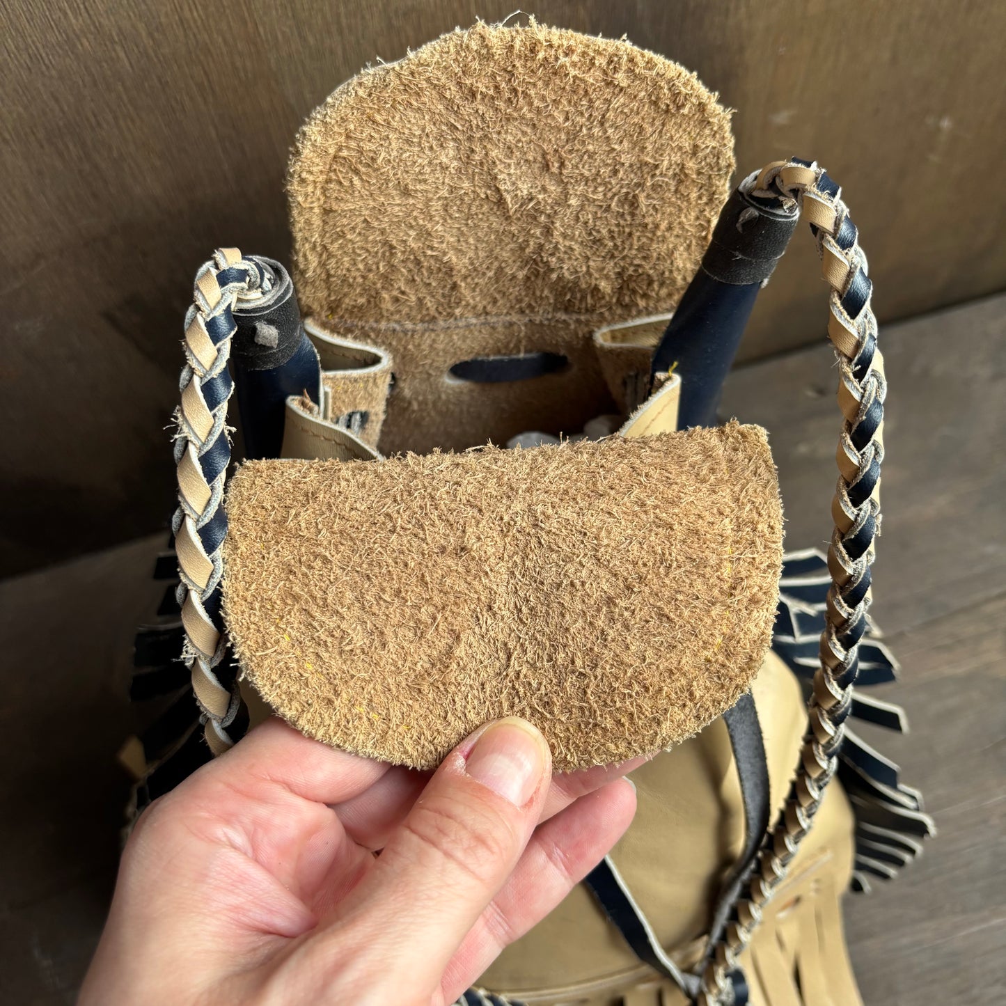 Beige and Navy Leather Fringe Bag