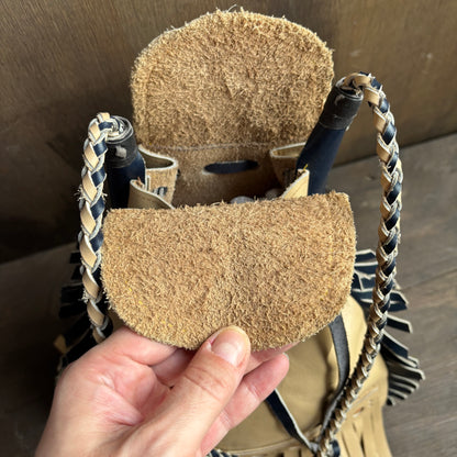 Beige and Navy Leather Fringe Bag