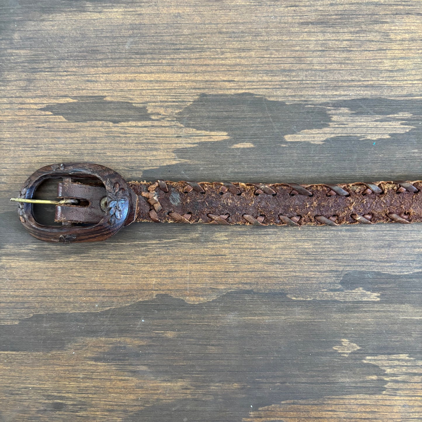 Reversible Brown Leather Belt with Wood Buckle
