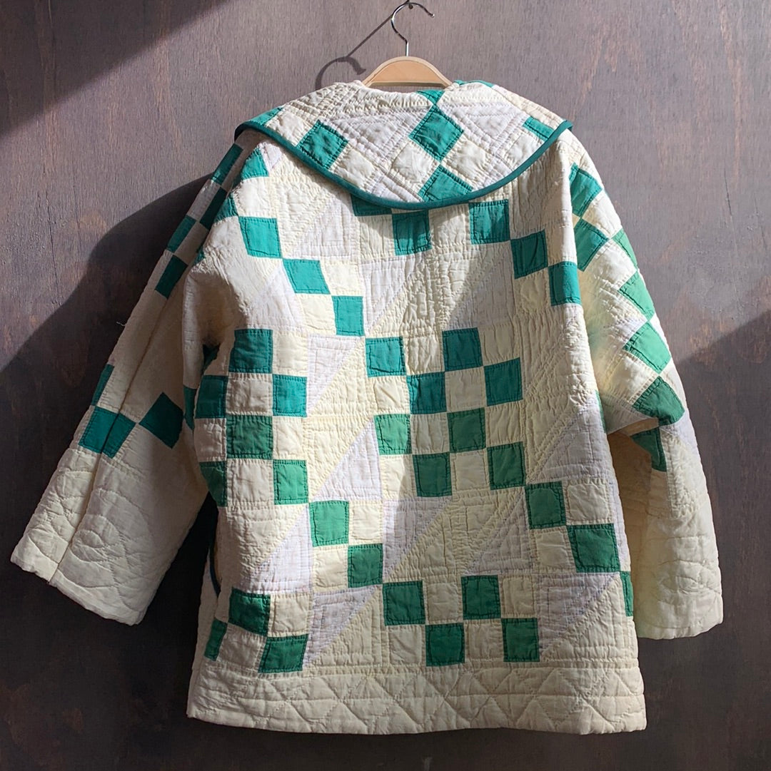 Vintage Quilt Coat with Green Squares & Trim