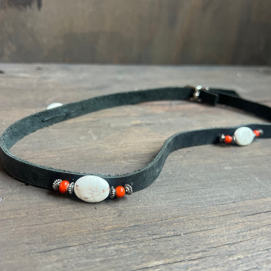 Black Leather Hat Band with White Agate and Glass Beads