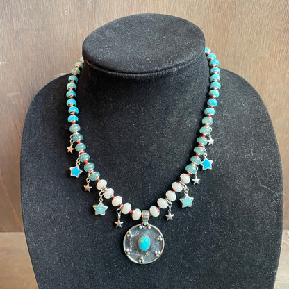 Ostrich moon turquoise charm necklace