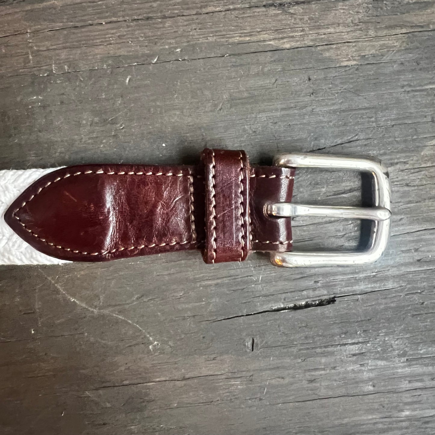 Woven White Belt with Leather Tips