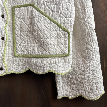 Vintage White Cropped Quilt Jacket with Green Trim