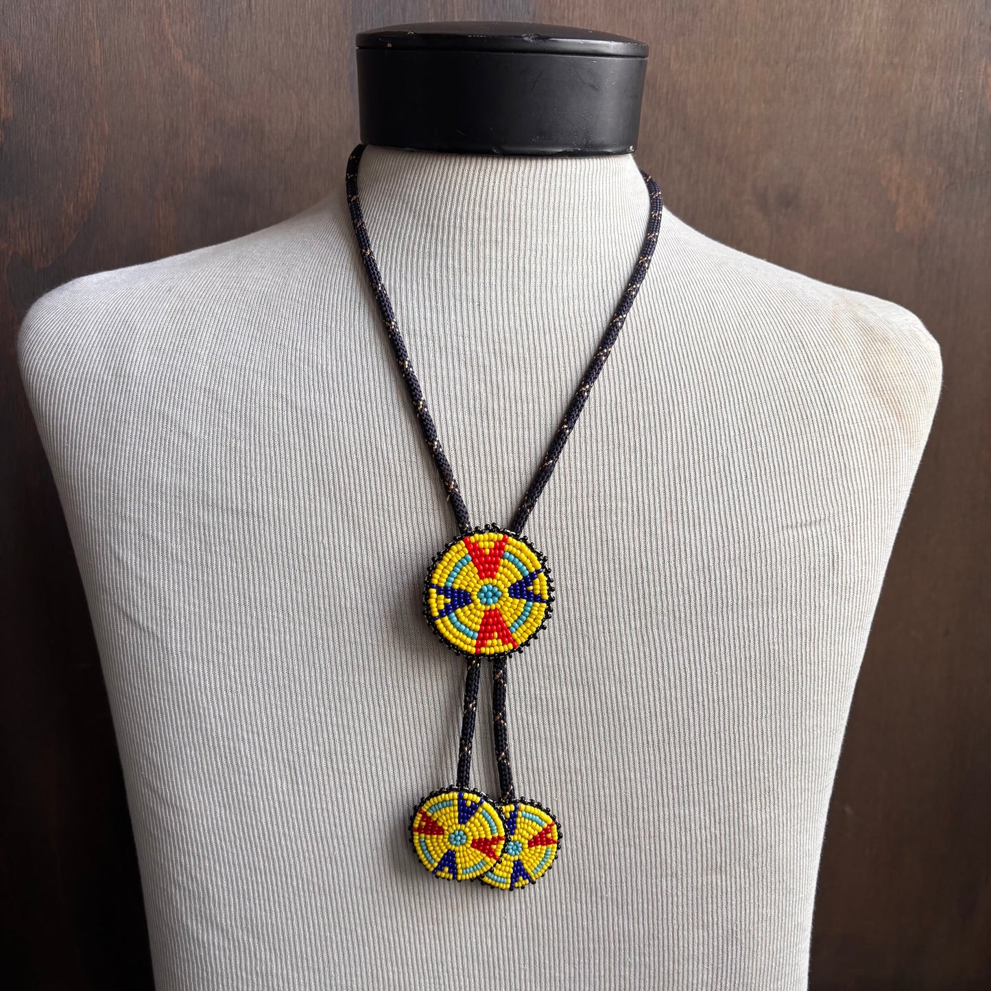 Seed Bead Medallion Bolo on Navy Tie