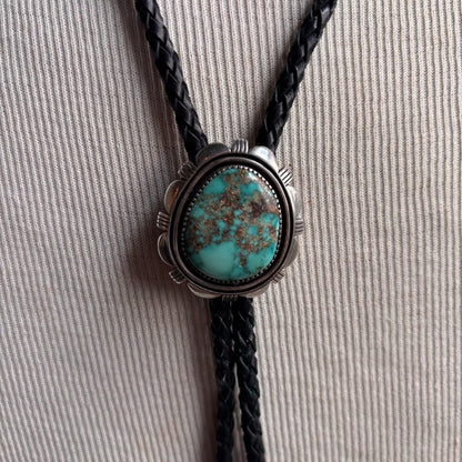 Signed Austin Garcia Turquoise Bolo on Black Leather Tie