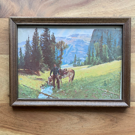 Framed art - cowboy in mountain valley with horse