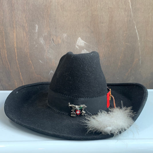 Black Felt Ranger Hat with Pins and a feather