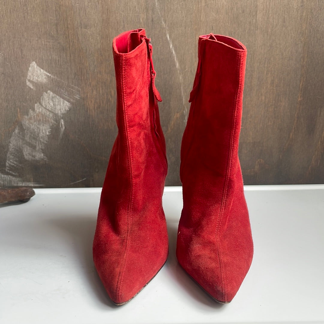 Red Suede Manolo Blahnik Heeled Booties