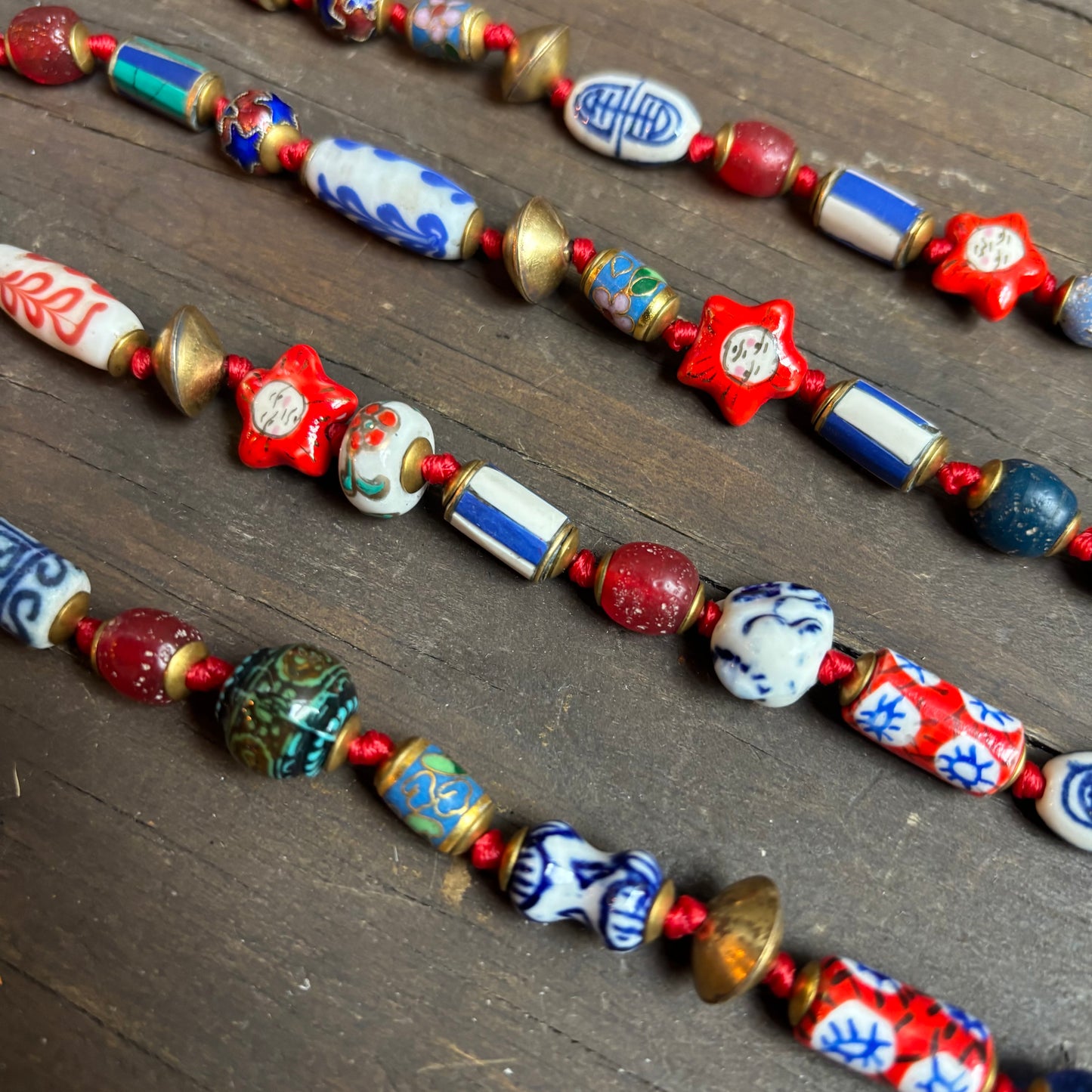 Ostrich Moon Blue and Red Beaded Bracelet