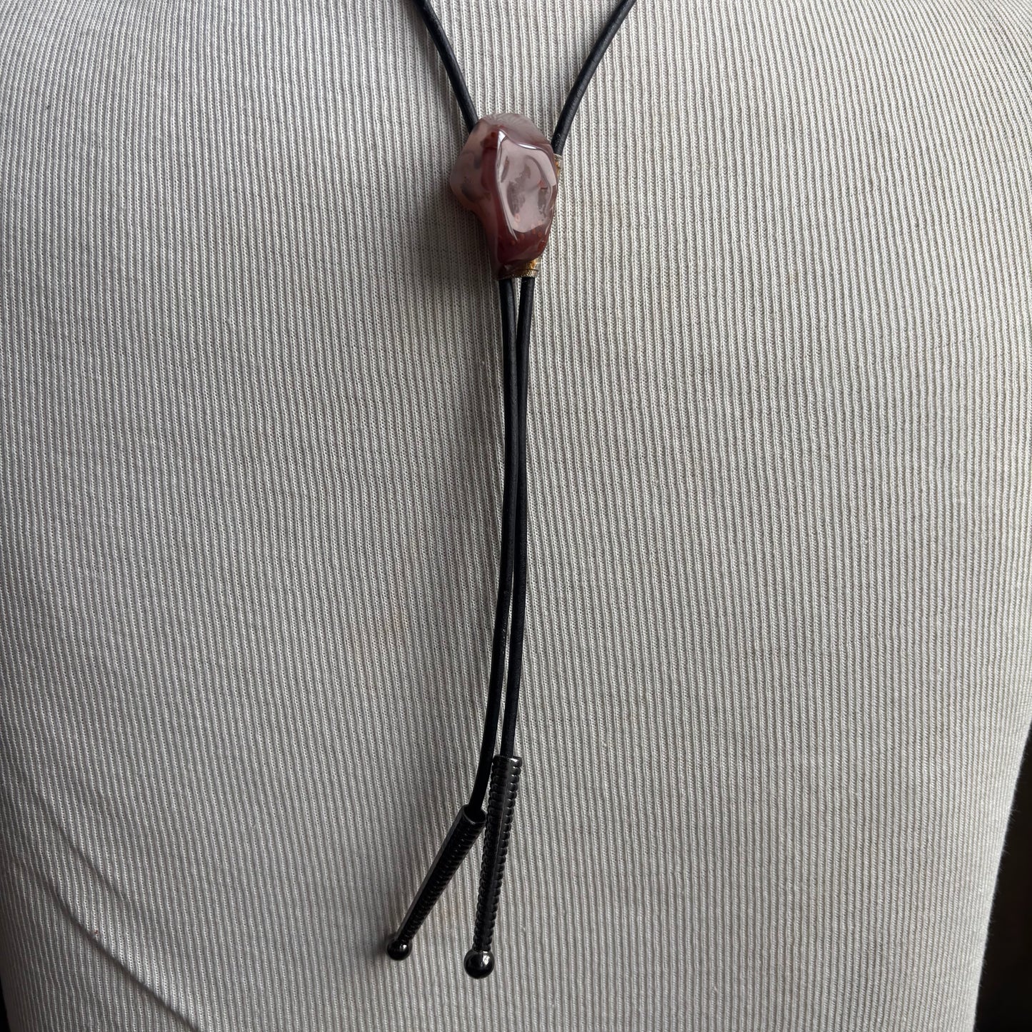 Pink Glass Bolo on Black Leather Tie