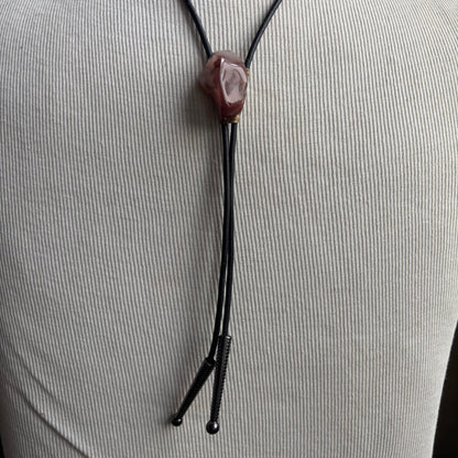 Pink Glass Bolo on Black Leather Tie