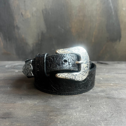 Tooled Black Leather Belt with Silver Buckle