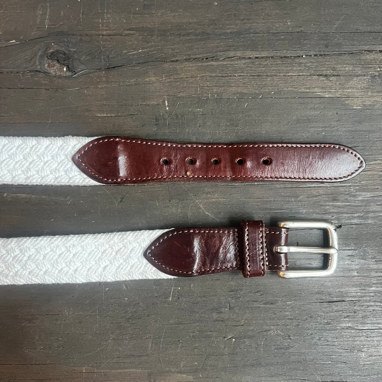 Woven White Belt with Leather Tips