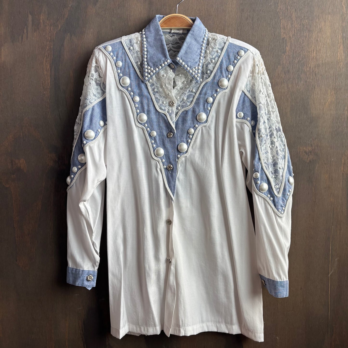 Vintage Denim Shirt with Pearls and Lace
