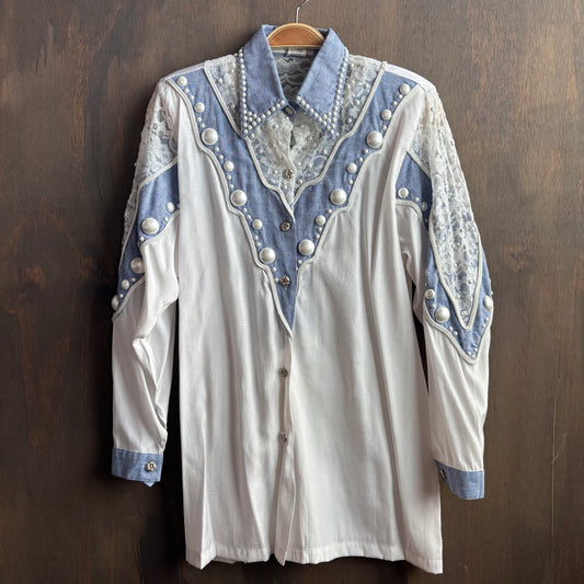 Vintage Denim Shirt with Pearls and Lace