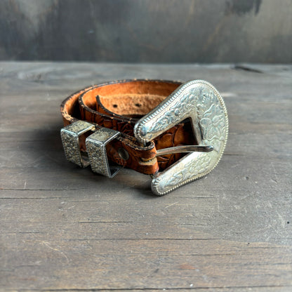 Tooled Leather Belt with Silver Tone Buckle