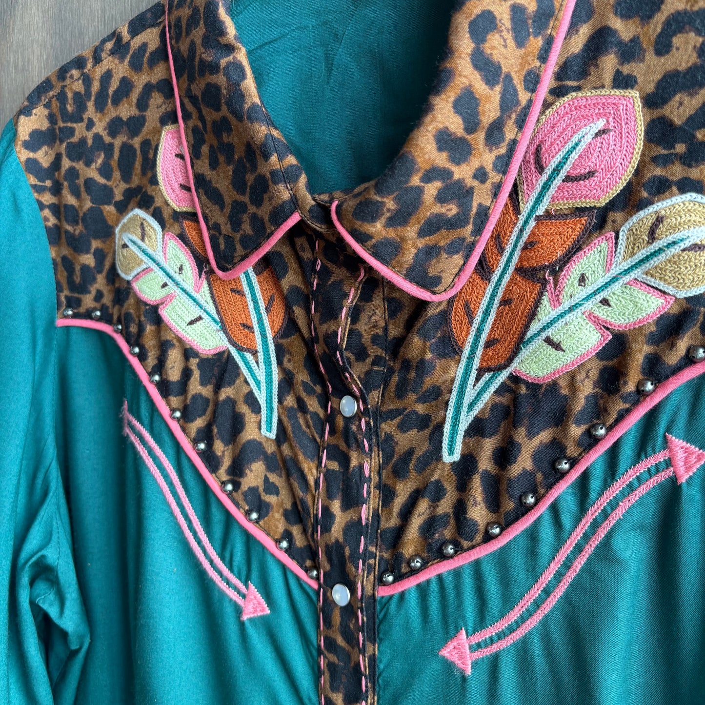 Double D Ranchwear Teal Button Up with Animal Print