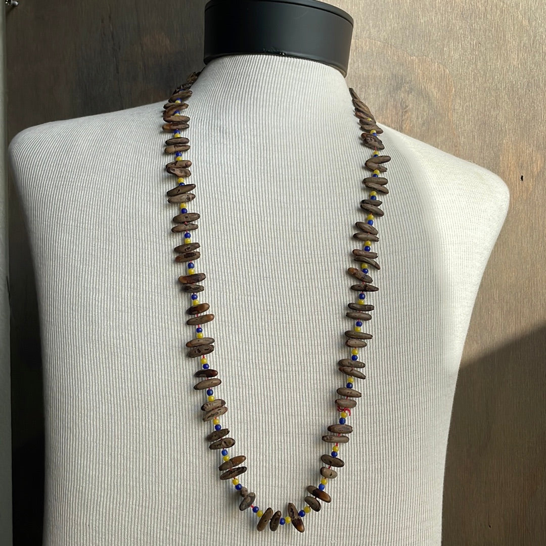 Blue Yellow and Nut Beaded Necklace