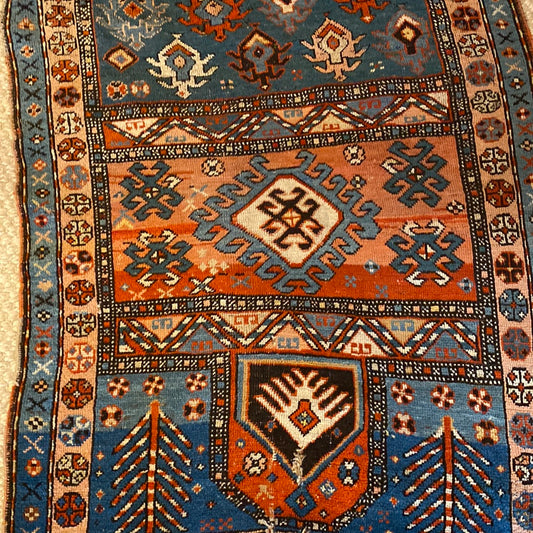 Vintage Blue and Pink Turkish Rug