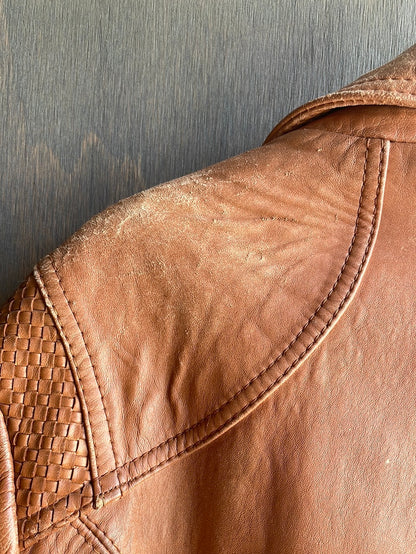 Brown Leather Jacket with Woven Details