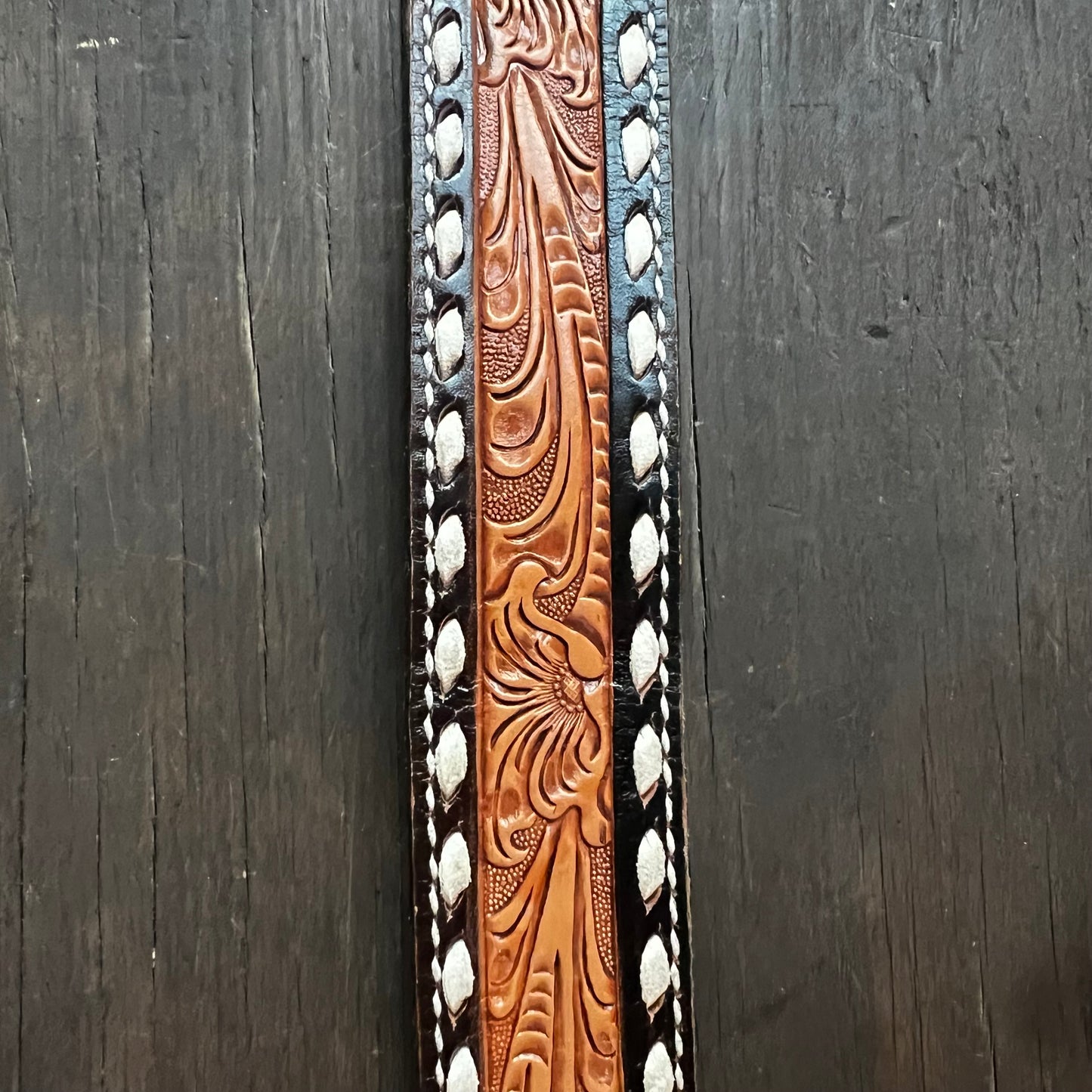 Tony Lama Tooled Leather Belt with Geometric Buckle