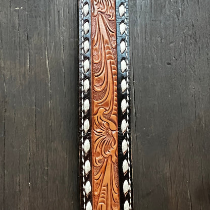 Tony Lama Tooled Leather Belt with Geometric Buckle