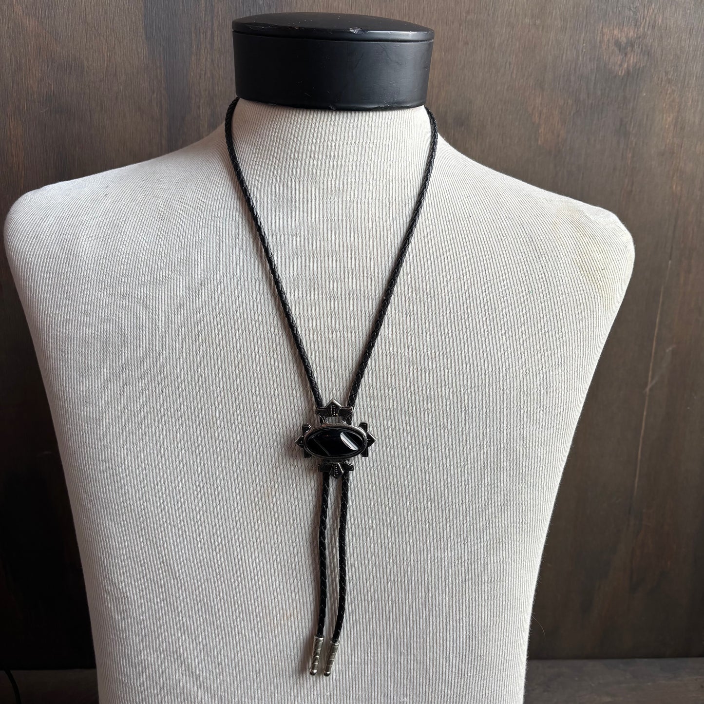 Graphic Black Bolo on Black Leather Tie