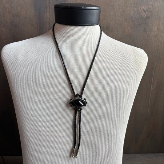 Graphic Black Bolo on Black Leather Tie