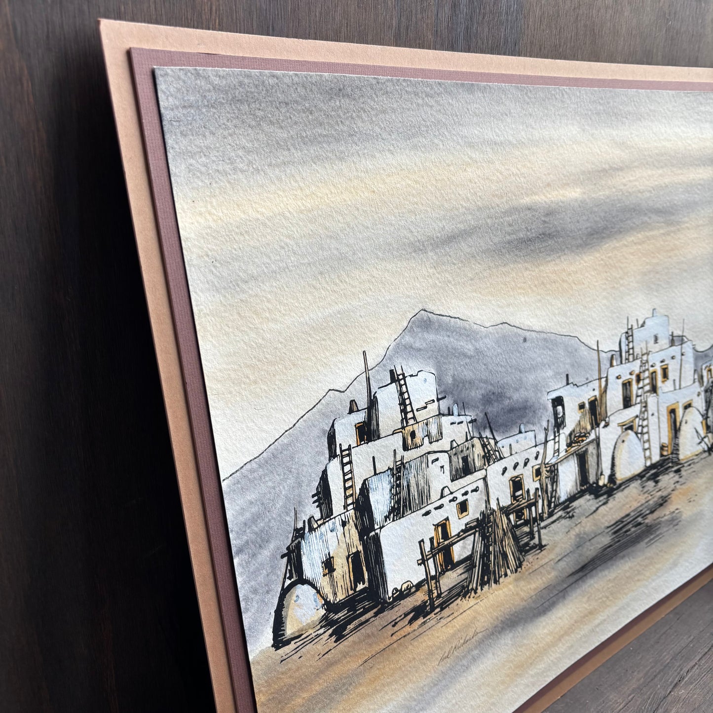 Matted Painting of Taos NM Pueblo