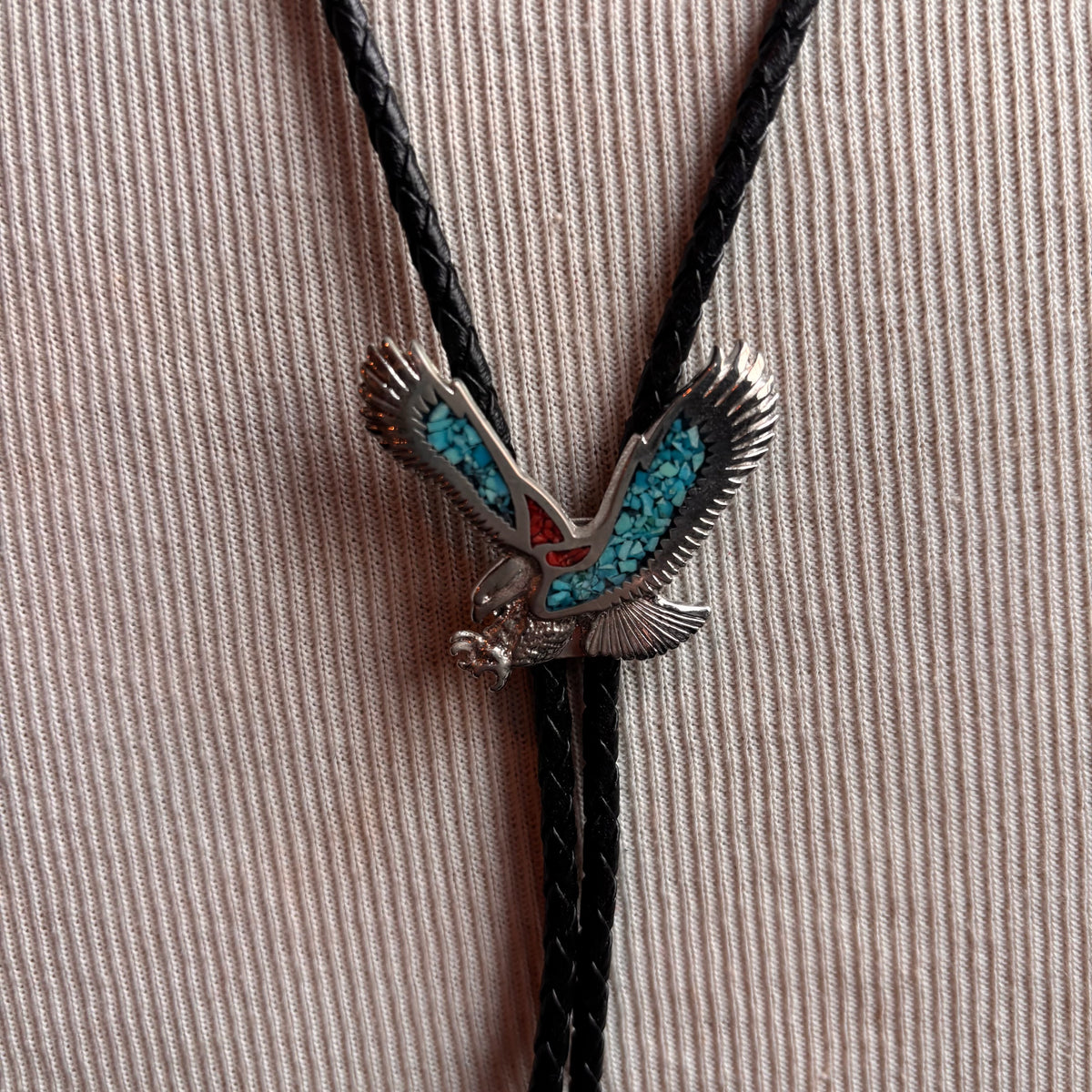 Turquoise Chip Bird Bolo on Black Leather Tie