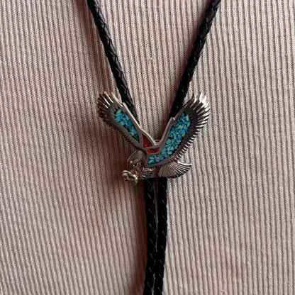 Turquoise Chip Bird Bolo on Black Leather Tie